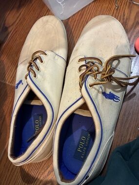 Polo by Ralph Lauren Cream Canvas Boat Shoes with Blue Logo
